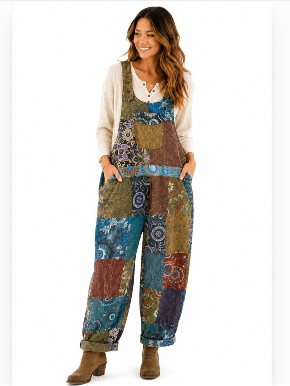 Rising International NWT Patchwork Overalls Jumpsuit Large Boho Lagenlook